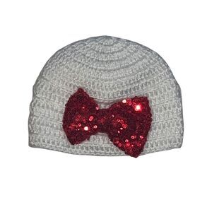 New So Dorable Hand Crocheted Baby Girl White Red Bow Hat Christmas 0-6 Month